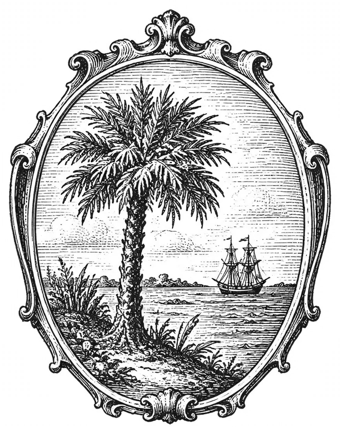Quitrent Holdings LLC emblem: an engraved oval cartouche with a palmetto tree on a shoreline and a ship at sea